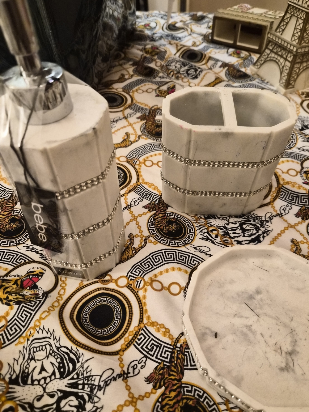 bebe White Marble Bathroom Accessory Set with Crystal Trim
